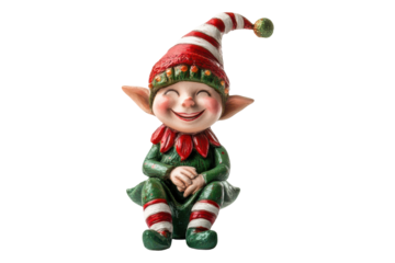 Happy christmas elf dancing and waving isolated on transparent background. Joyful christmas elf figurine wearing a green and red outfit isolated on white background.