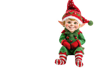 Happy christmas elf dancing and waving isolated on transparent background. Joyful christmas elf figurine wearing a green and red outfit isolated on white background.
