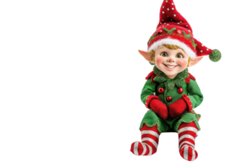 Happy christmas elf dancing and waving isolated on transparent background. Joyful christmas elf figurine wearing a green and red outfit isolated on white background.