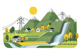 picturesque landscape depicts a rural village with homes nestled amongst mountains connected by power lines and a flowing river A bright sun adds warmth to the scene © Vector Factory