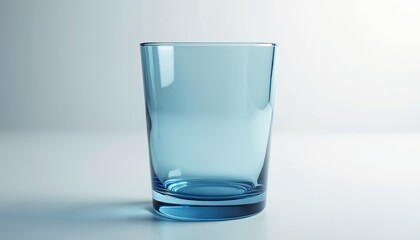 Empty blue glass tumbler in studio shot. Modern, clean design with transparent, smooth surface. Ideal for water, drink, beverage product presentation. Minimalist glassware on white background.