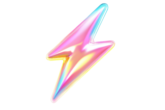 Holographic iridescent lightning bolt isolated on transparent background. Iridescent lightning bolt icon with a neon glow effect in pastel colors isolated on white background, 3d rendering.