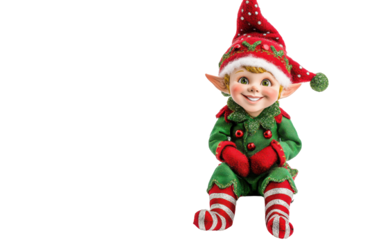 Happy christmas elf dancing and waving isolated on transparent background. Joyful christmas elf figurine wearing a green and red outfit isolated on white background.