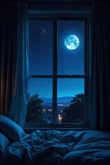 Dark, starlit night sky visible through a bedroom window, moonlight illuminating a portion of the ceiling Perfect for relaxation, sleep, and dreamscape themes , high angle, architecture
