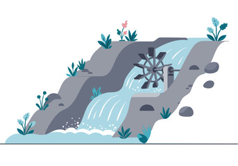 A stylized illustration depicts a water wheel powering a stream, symbolizing growth and technological advancement. A vibrant, modern design with natural elements.