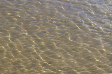 Rays of the sun inside the clear water. Natural background and water. Sand and water in a lake with little waves.