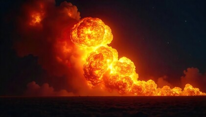 Intense fiery explosion, blazing fireball with bright orange and yellow flames against a dark night sky  Perfect for fantasy, sci-fi, or apocalyptic themes ,  heat,  devastation, fireball