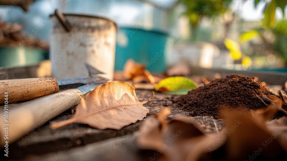 Poster focused view of natural composting additives like dried leaves and coffee grounds placed near a comp