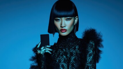 Elegant model in lace attire poses against a blue backdrop, holding a small object, showcasing fashion