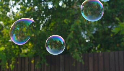 Colorful soap bubbles against a blurry green garden background