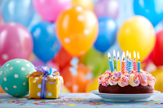 birthday party balloons, colourful balloons backgroud and birthday cake with cndles