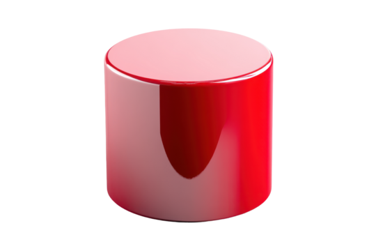 Shiny red cylindrical object isolated on transparent background. Red cylindrical pedestal with a smooth glossy finish designed isolated on white background.