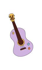 Groovy retro hippie guitar sticker cartoon. Colorful music patch with floral flower as playful y2k groovy element. Ideal for creative fun decor in a vibrant, trendy style.