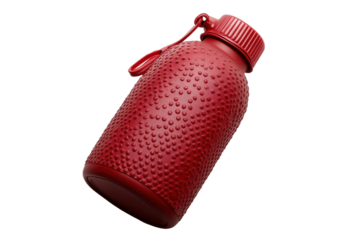 Vintage textured red ceramic jug with handle isolated on transparent background. Red rubber hot water bottle with a textured surface for improved grip isolated on white background.