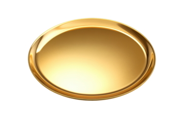 Single golden plate with textured rim isolated on transparent background. Round golden plate with smooth finish designed with a sleek and reflective surface isolated on white background.