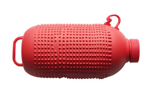Red textured hot water bottle isolated on transparent background. Red rubber hot water bottle with a textured surface for improved grip and heat distribution isolated on white background.