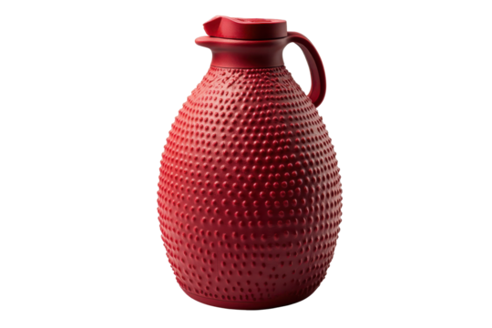 Vintage textured red ceramic jug with handle isolated on transparent background. Red rubber hot water bottle with a textured surface for improved grip isolated on white background.
