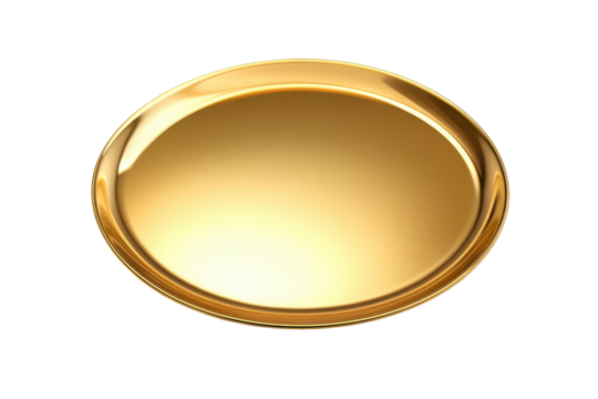 Single golden plate with textured rim isolated on transparent background. Round golden plate with smooth finish designed with a sleek and reflective surface isolated on white background.