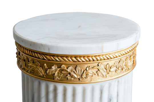 Ornate white pedestal with gold trim isolated on transparent background. Round marble pedestal with gold trim isolated on white background.