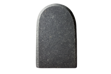 Ancient stone tablet with weathered texture isolated on transparent background. Simple grey headstone with rounded top crafted from smooth stone isolated on white background.