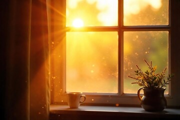 Golden hour sunlight streams through a window, illuminating dust motes dancing in the warm, lazy rays of a Sunday morning Perfect for peaceful, serene, and cozy themes , sunbeam, sun