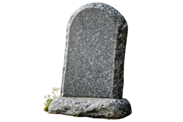 Ancient stone tablet with weathered texture isolated on transparent background. Simple grey headstone with rounded top crafted from smooth stone isolated on white background.
