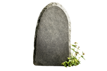 Ancient stone tablet with weathered texture isolated on transparent background. Simple grey headstone with rounded top crafted from smooth stone isolated on white background.