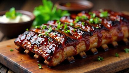 Close-up of succulent, fall-off-the-bone BBQ ribs, glistening with sauce, smoky and tender Served on a rustic wooden board with subtle side garnishes , spice, side dish