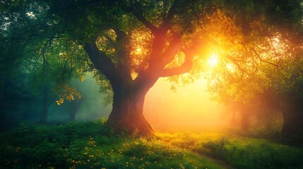 Magical colorful forest glowing in mist high resolution picture