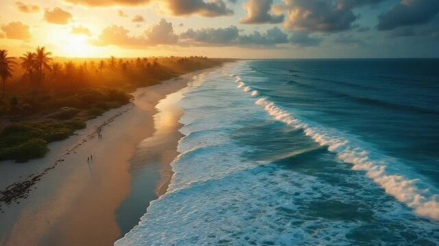 Golden sunset paints tropical coastline with vibrant ocean waves crashing on sandy beach, a tranquil escape for ultimate relaxation and travel inspiration.