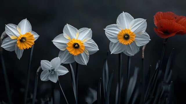 Four different bulb flowers in rows of black earth with red poppies beside white daffodils.