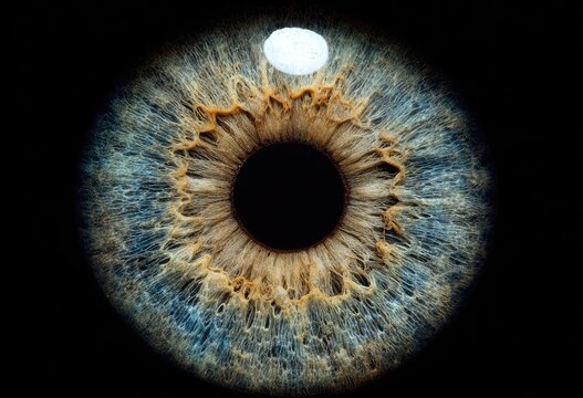 Close-up of a human eye's iris, vibrant blue and gold