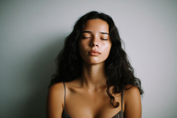 Naklejka premium young woman with closed eyes and single tear on her cheek stands against ultrabright clean background embodying