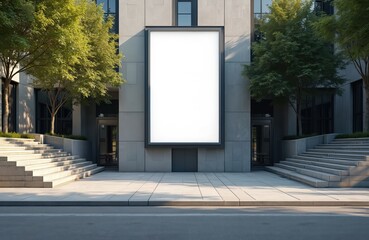 Mockup of empty vertical billboard on street, near modern university entrance. Gray stone walls, concrete floor, steps. Blank advertising board for promotions, art displays. Outdoor space.