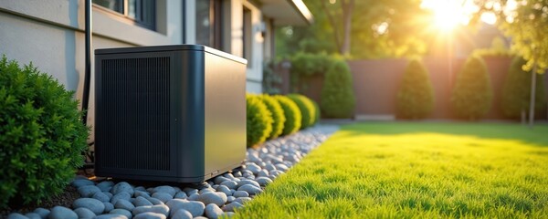 Fototapeta na wymiar Modern air source heat pump unit in green backyard garden setting. Device installed beside house, surrounded by decorative stones, manicured bushes. Sunlight illuminates lawn, creating bright, warm