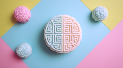Pastel mooncakes featuring intricate patterns arranged on a geometric colored background