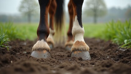Close-up of horse hooves on soil in nature setting. Detailed view of animal legs, feet standing on muddy ground, dirtied by pasture. Domestic farm animal, equine detail in rural countryside