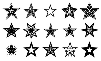 Fototapeta premium Star Illustrations Set. Black and White Star Designs, Grunge Retro Star Vector Pack, Geometric Star Icons, Decorative Star Clipart Collection