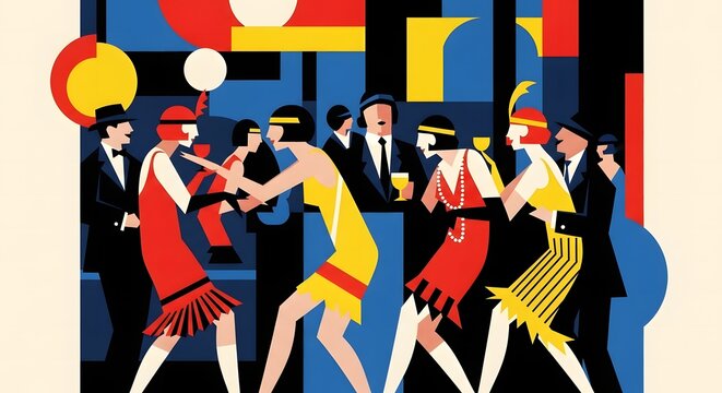 Roaring Twenties Party: A vibrant illustration depicting a lively gathering of elegantly dressed people at a vintage party, celebrating in the style of the roaring twenties.