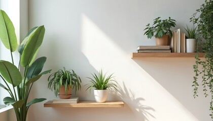 Minimalist home decor with shelves displaying houseplants, books. Living room interior, cozy design. Virtual background for meetings, home office, relaxation. Modern, comfortable space with natural