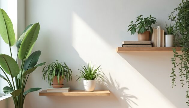 Minimalist home decor with shelves displaying houseplants, books. Living room interior, cozy design. Virtual background for meetings, home office, relaxation. Modern, comfortable space with natural