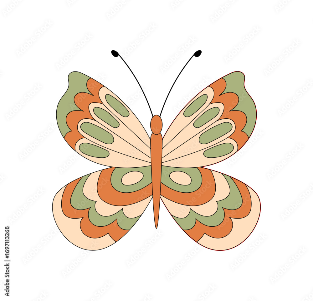 Wall mural groovy retro butterfly in vintage and abstract colorful style. this funky groovy element draws inspi