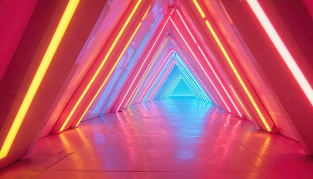Vibrant neon-lit corridor with geometric shapes creates futuristic, immersive atmosphere. Colorful lights form abstract triangular patterns, guiding eye through bright tunnel. Modern interior design.