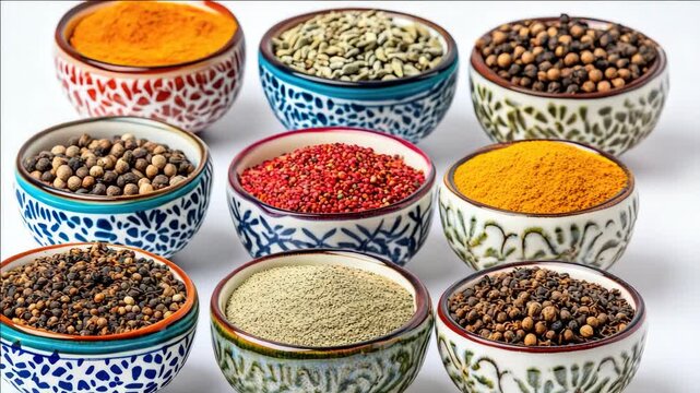 Colorful spices, peppercorns and seasonings arranged in ornamental bowls.