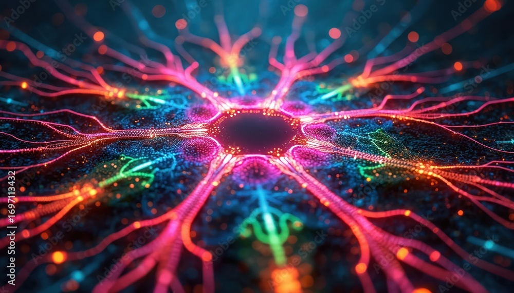 Poster vibrant neon neurons, binary code fragments kaleidoscope pattern psychedelic abstract visual. concep
