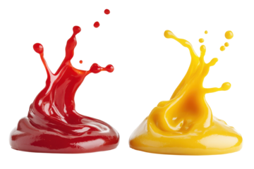 Yellow mustard and red ketchup sauces splashing together isolated on transparent background. Delicious ketchup and mustard splashes isolated on white background.