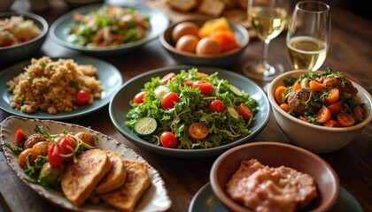 Festive meal served on wooden table. Various dishes including salad, roasted vegetables and fried bread. Appetizing food with wine glasses. Celebration dinner gathering for friends and family.