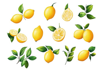 Collection of fresh lemons and leaves isolated on transparent background. Delicious lemons collection isolated on white background.