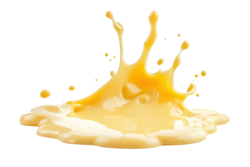 Yellow cheese splash frozen in time isolated on transparent background. Delicious melted cheese splash isolated on white background.