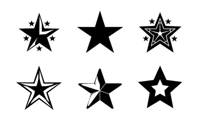 Obraz premium Set of black star icons and starburst shapes on white background. Collection of various decorative stars in different outlines and fills. Geometric celestial illustration elements.